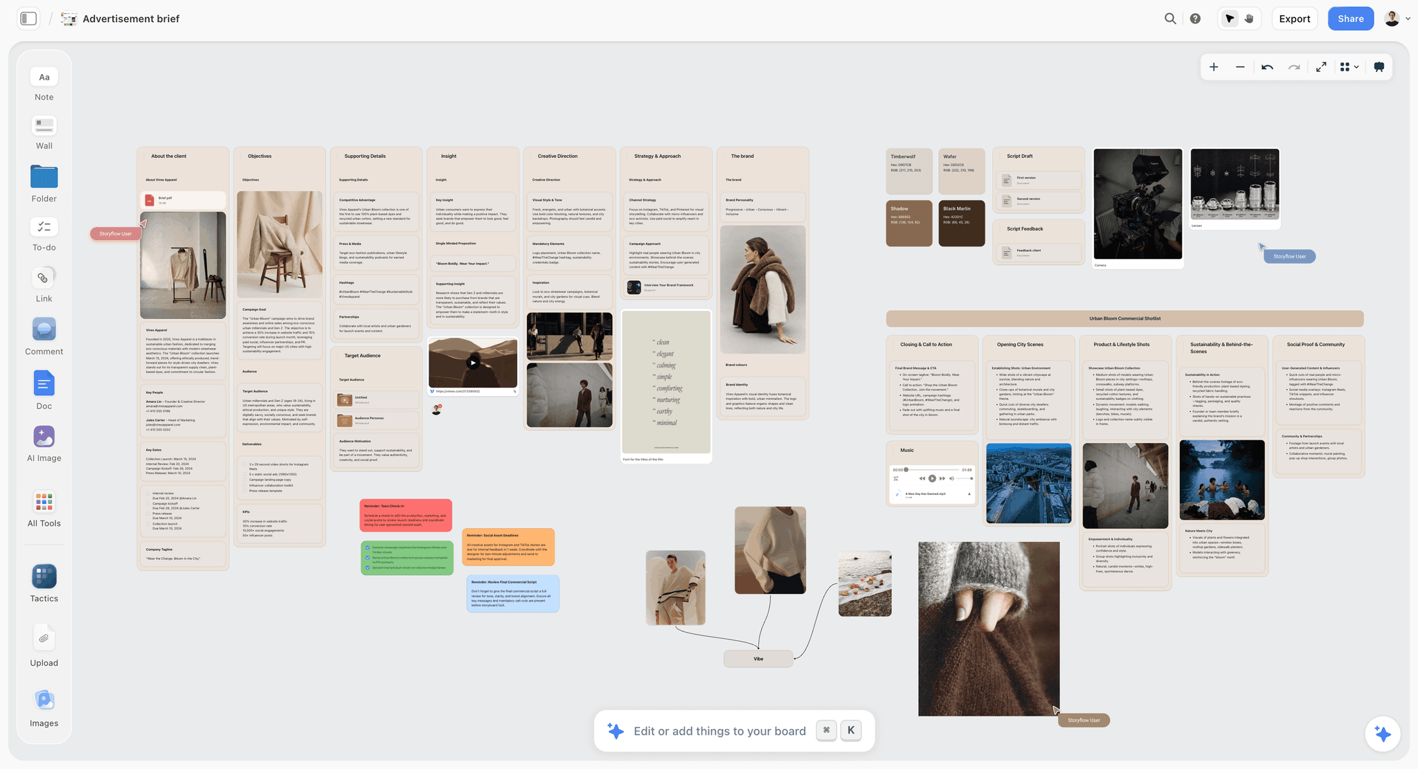 A creative brief on the Storyflow canvas, sitting beside the moodboard and references so the AI can read the whole project